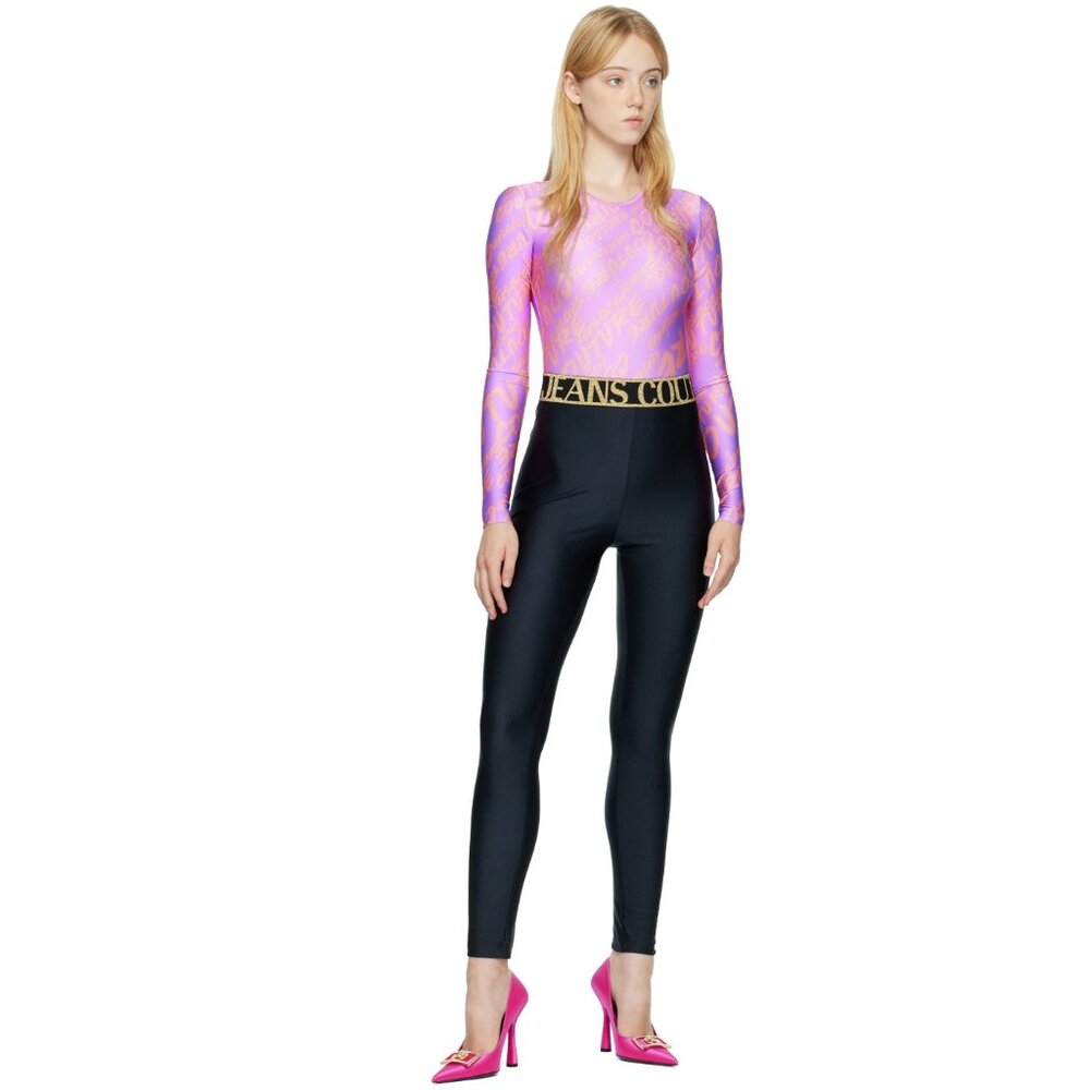 Versace Jeans Couture Pink Metallic Logo Bodysuit & Black Leggings Set